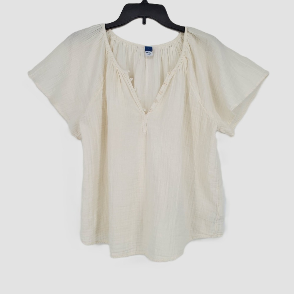 Old Navy Womens Large White 100% Cotton Crinkle Gauze Flutter Sleeve Boho Blouse